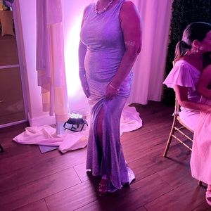 Silver shimmer dress long train spectacular slit front sleeveless